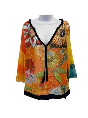 Desigual sheer festive top 3/4 sleeves floral Pom Pom V neckline orange yellow